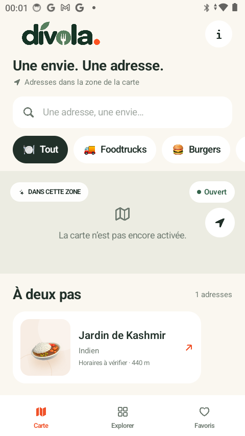 Divola sur Android : recherche d’adresses, catégories et aperçu du catalogue ; carte non encore activée.