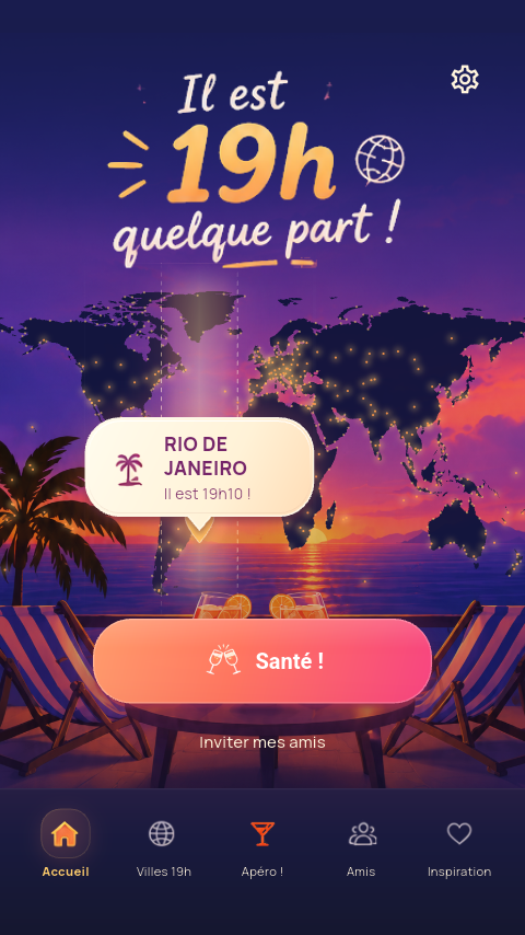Il est 19h quelque part ! : carte du monde et ville où il est l’heure de l’apéritif.